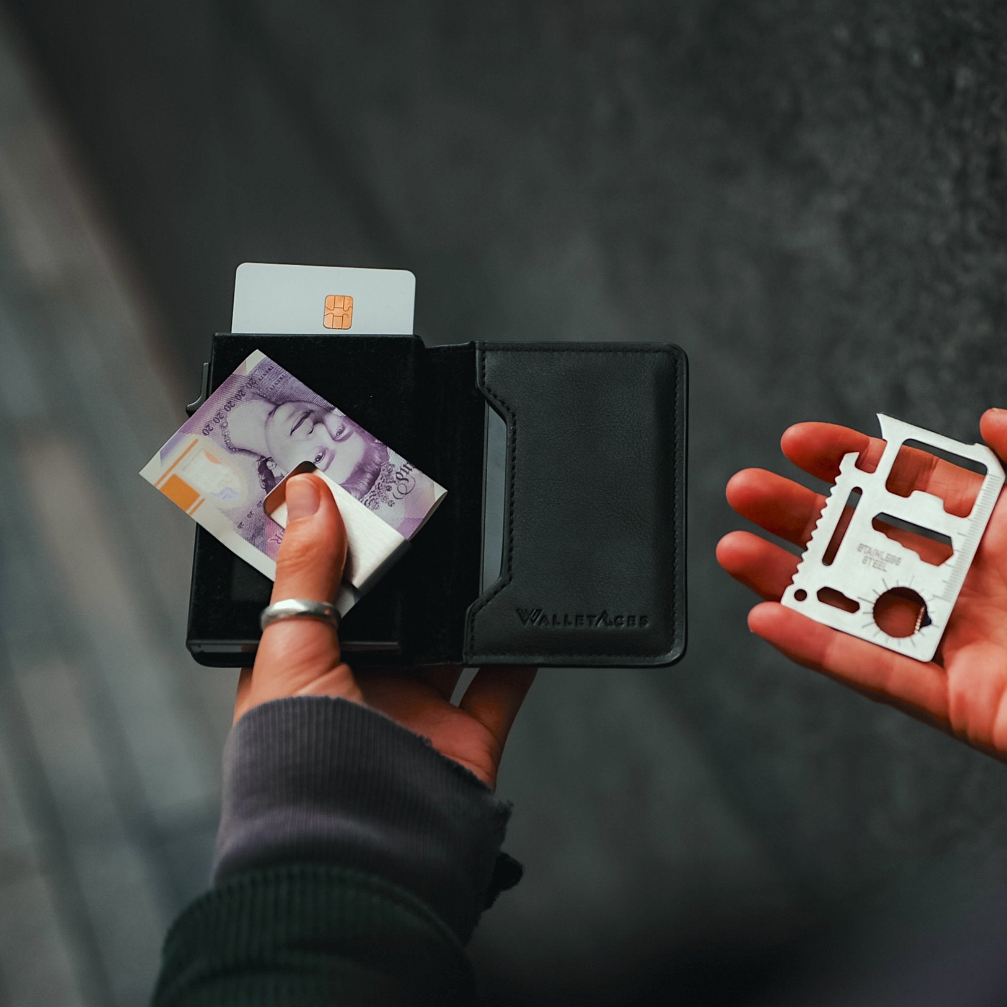 Enigma Wallet - Nappa Black - Leather RFID Smart Wallet - 12 Cards & Cash - WalletAces - With Accessories