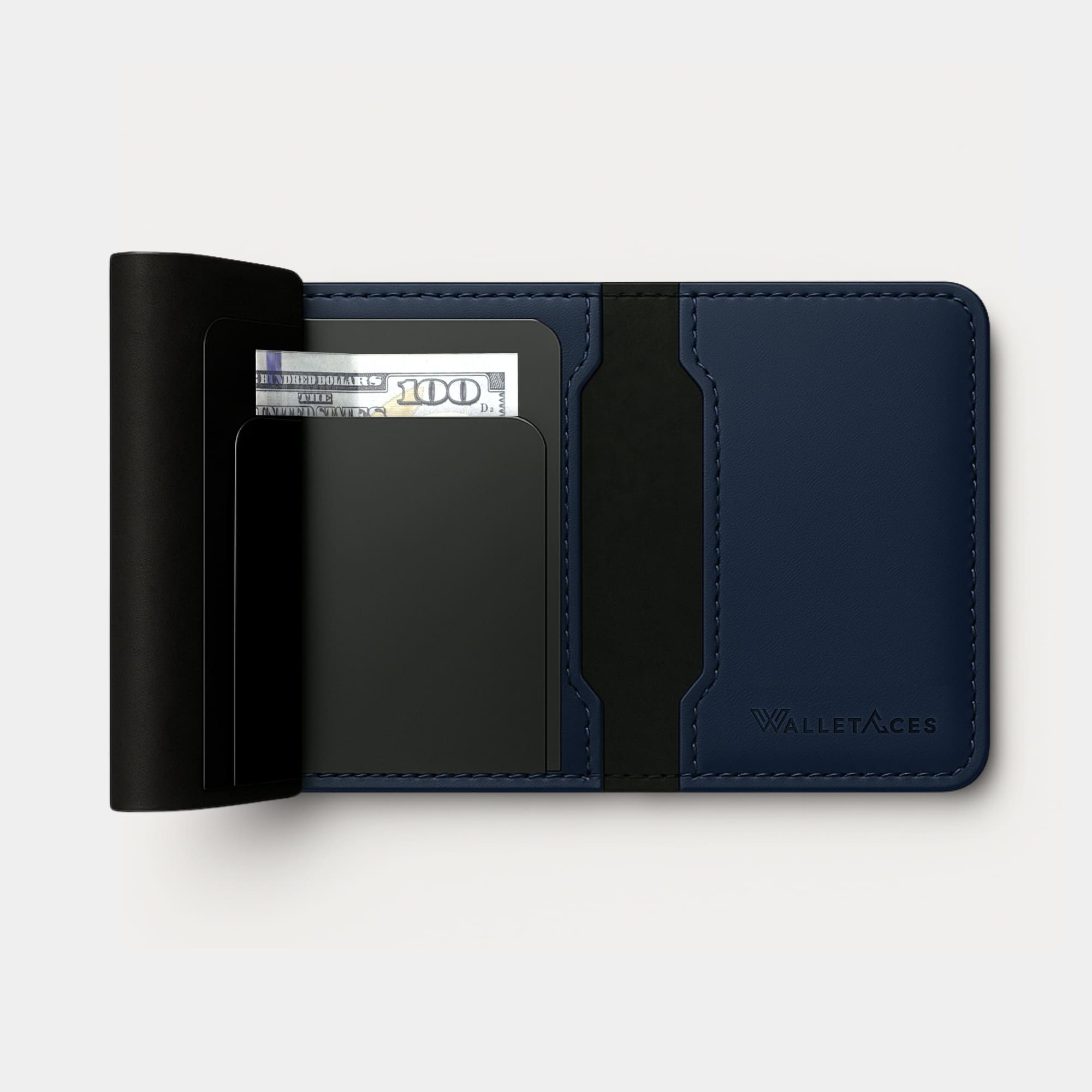 Enigma Wallet - Navy Blue - Leather RFID Smart Wallet - 12 Cards & Cash - WalletAces - Open Wallet Trifold - Studio