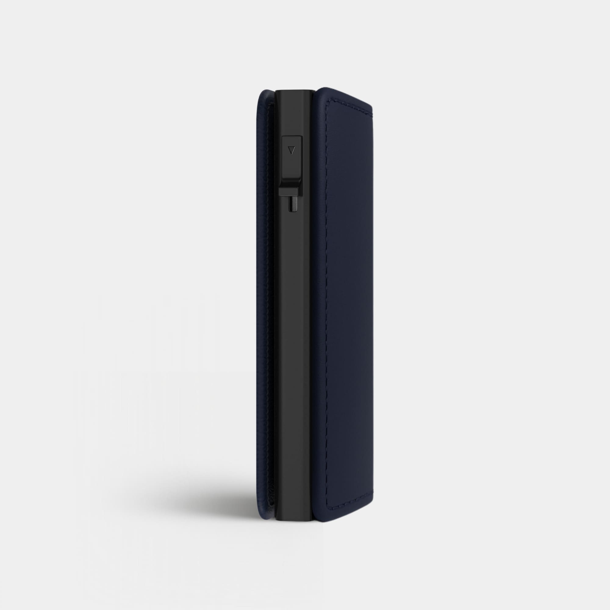 Enigma Wallet - Navy Blue - Leather RFID Smart Wallet - 12 Cards & Cash - WalletAces - Side View - Studio