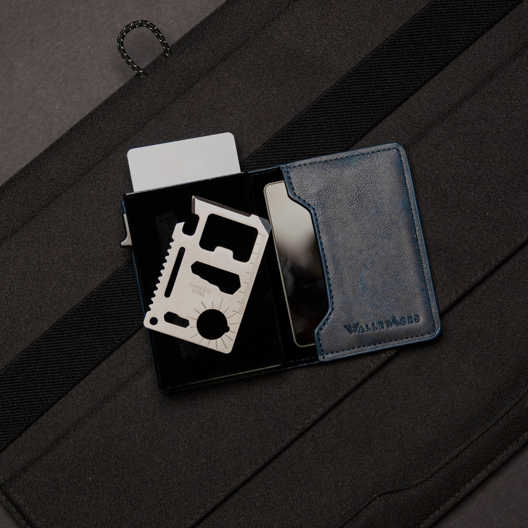 Enigma Wallet - Navy Blue - Leather RFID Smart Wallet - 12 Cards & Cash - WalletAces - With Accessories