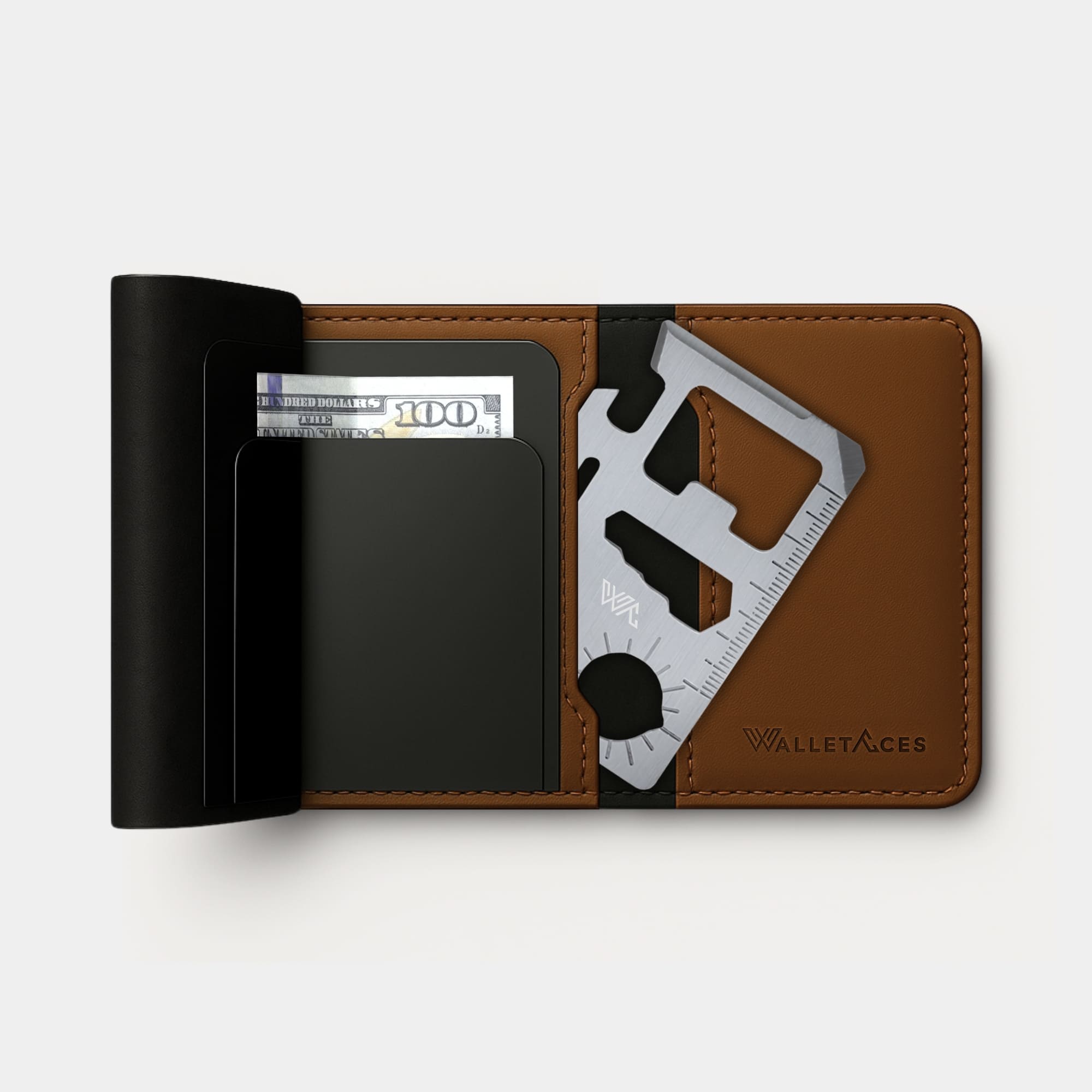 Tool Card - Stainless Steel Card-Sized Multi-Tool and Enigma wallet Classic Brown - WalletAces - Front View in Wallet