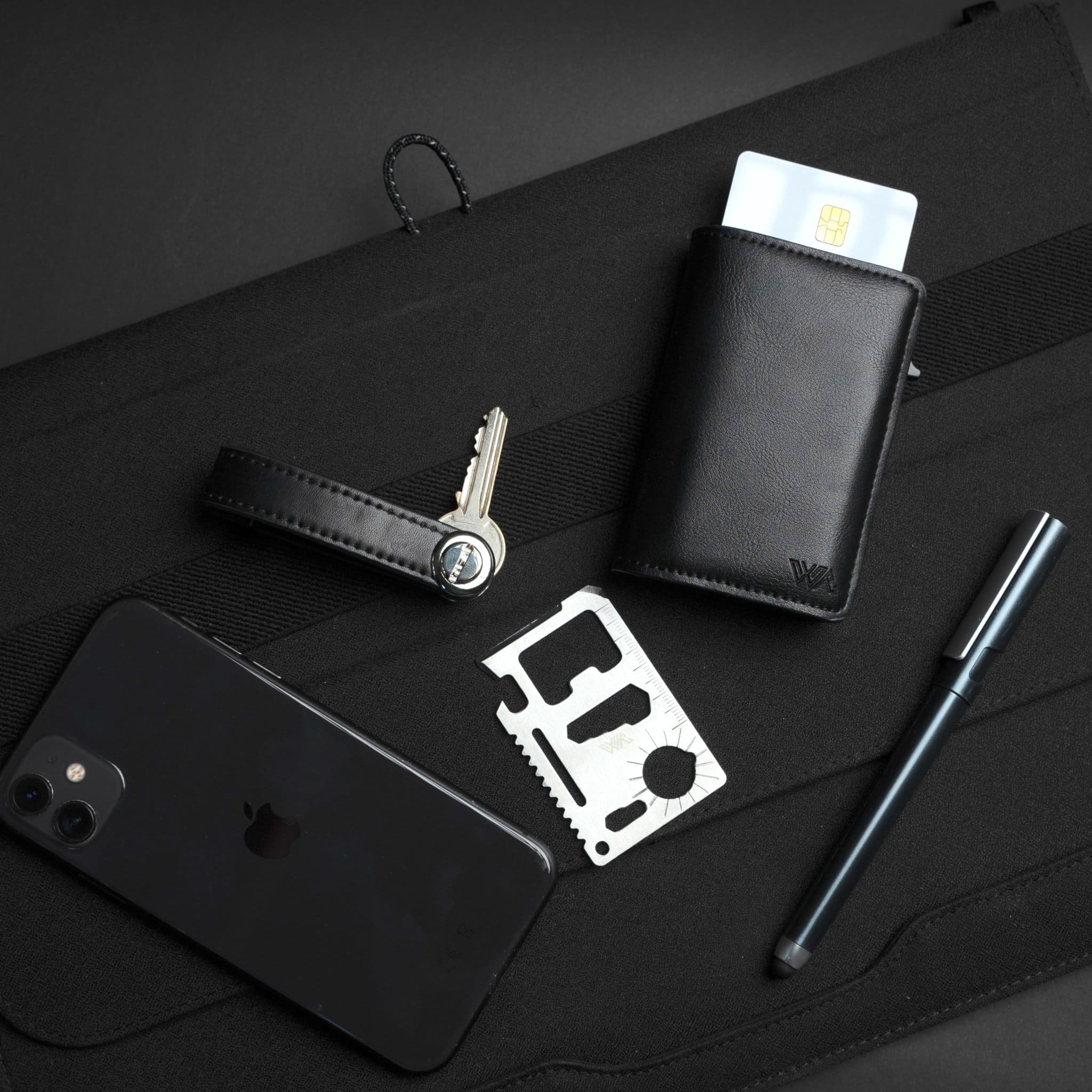 WalletAces Kit - Nappa Black - Enigma Wallet and Accessories - Leather RFID Smart Wallet - Keys Case - Card-Sized Multi-Tool - WalletAces - Lifestyle