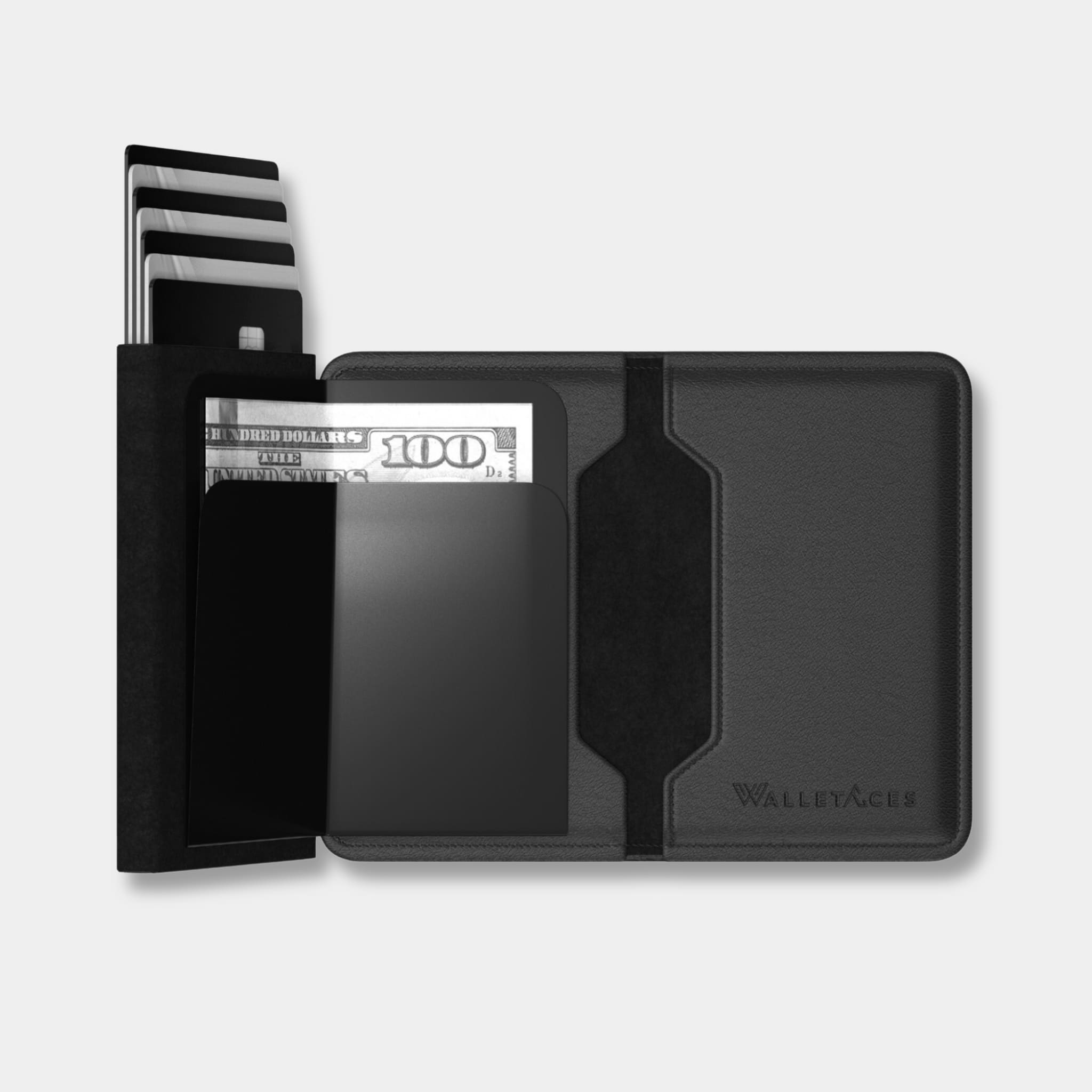 Enigma Wallet - Nappa Black - Leather RFID Smart Wallet - 12 Cards & Cash - WalletAces - Open Wallet Trifold - Studio