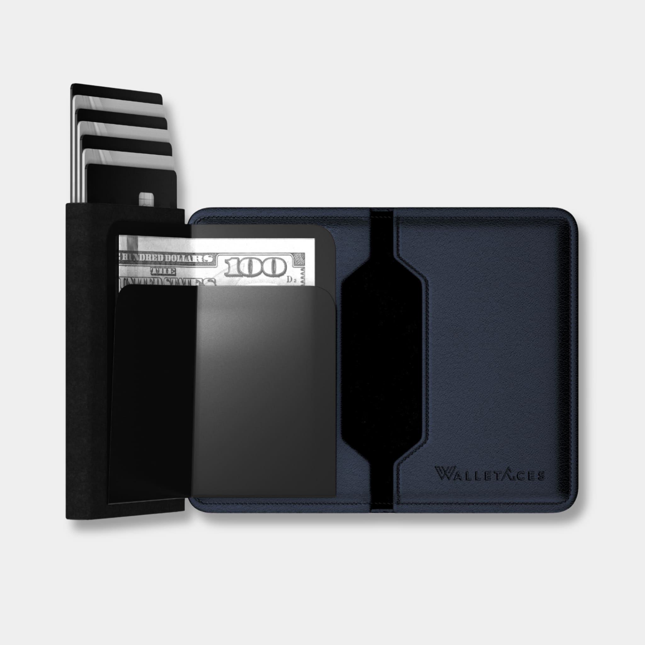 Enigma Wallet - Navy Blue - Leather RFID Smart Wallet - 12 Cards & Cash - WalletAces - Open Wallet Trifold - Studio