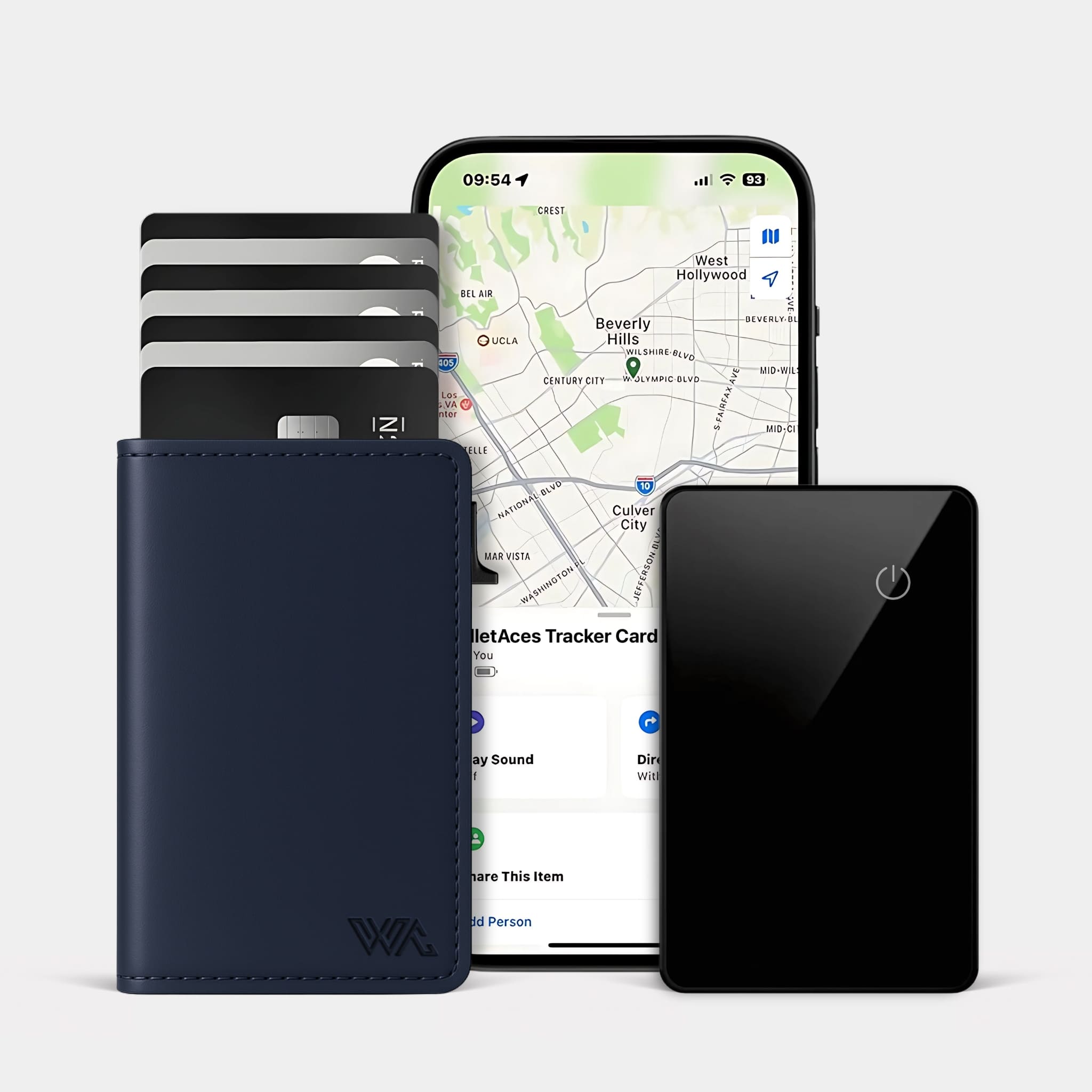 Wallet and Tracker Bundle - Enigma Wallet and Tracker Card - Navy Blue - Trackable RFID Smart Wallet - Apple FindMy Card-Sized Wallet Tracker - WalletAces - Front Studio