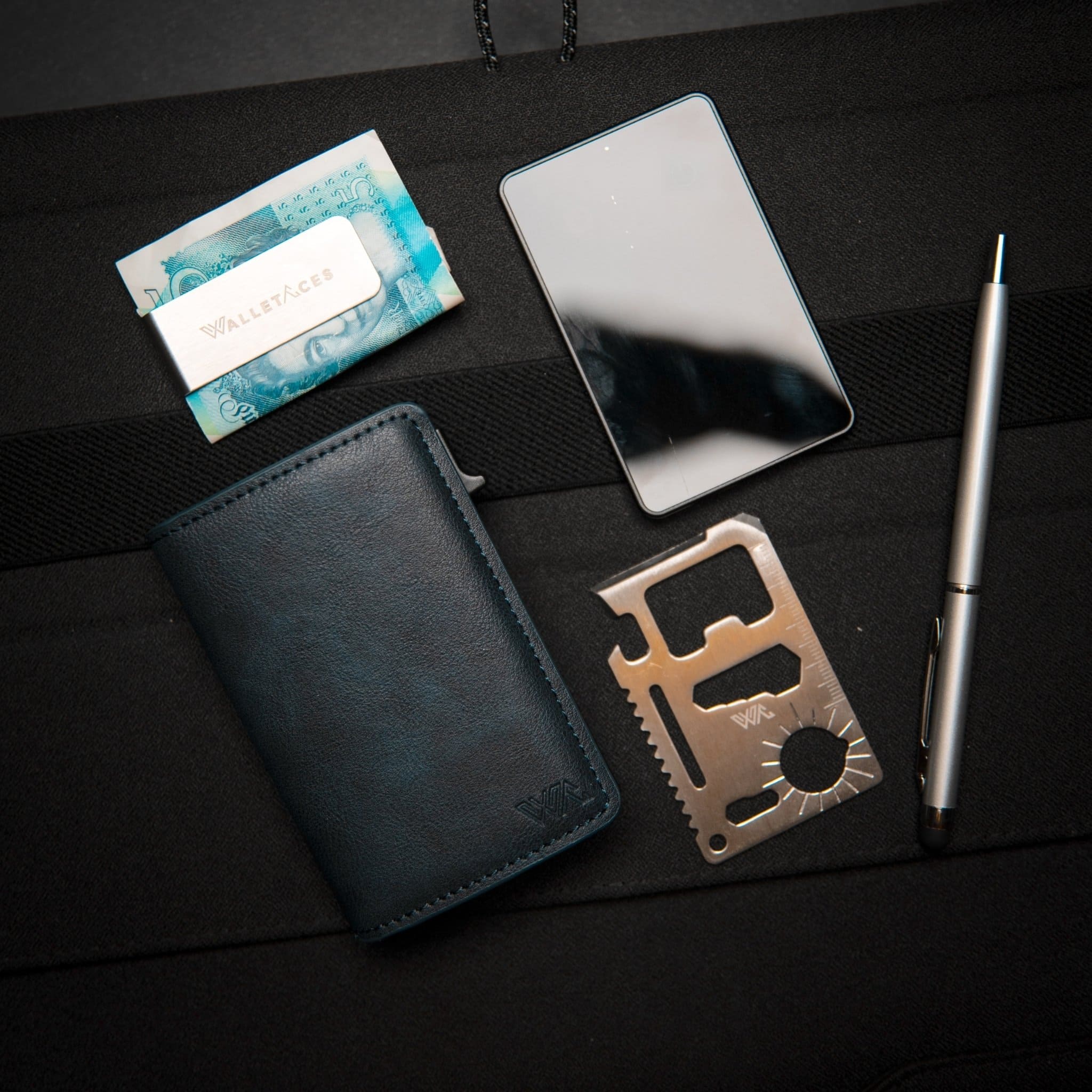 WalletAces Shop The Look - Enigma Wallet, Tracker Card, Tool Card, Cash Clip - Navy Blue